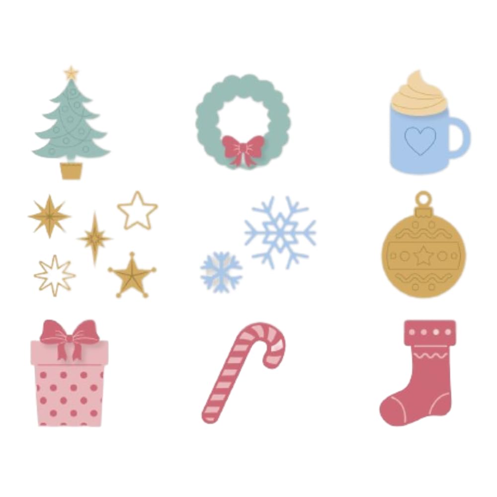 Craftelier - Set of 9 Mini Christmas Themed Dies | Includes Star, Snowflake, Gift, Christmas Stocking, Christmas Tree, Wreath with a Bow, Chocolate Mug and Christmas Ball Dies