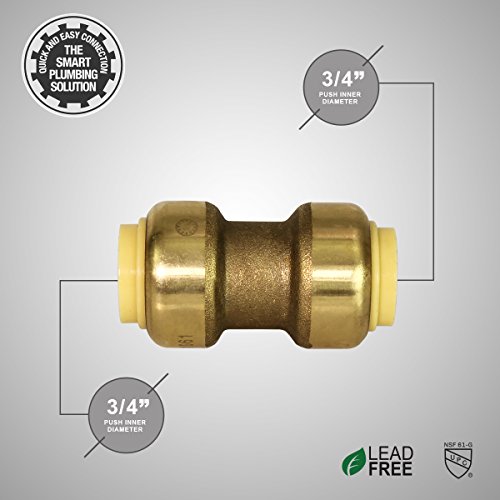 Pushlock UPSC1 Straight Coupling Pipe Fittings Push to Connect Pex Copper, CPVC, 1 Inch, Brass