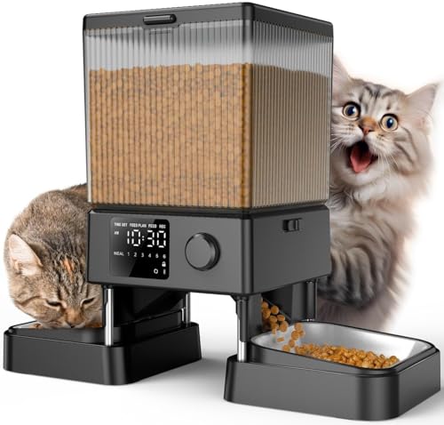 5L Distributeur Croquettes Chat Automatique 2 Bols Mangeoire Automatique pour Chat à Un Bouton Fonctionnement Facile Mangeoire