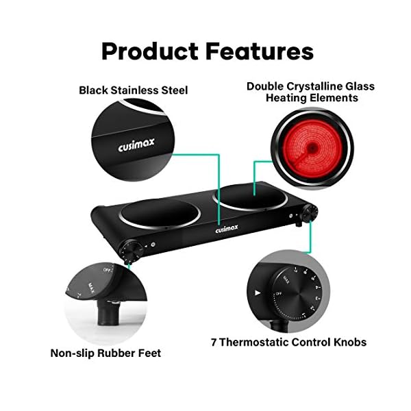 CUSIMAX-Double-Electric-Hob-Portable-Ceramic-Hot-Plate-Double-Camping-Hob-Infrared-Cooktop-Electric-Hob-with-Dual-Temperature-Control-Crystal-Glass-Plate-Easy-to-Clean-Black-Steel-2400W CUSIMAX Double Electric Hob, Portable Ceramic Hot Plate, Double Camping Hob Infrared Cooktop Electric Hob with Dual Temperature Control, Crystal Glass Plate Easy to Clean, Black Steel, 2400W