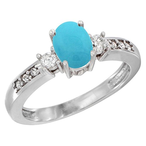 10K White Gold Diamond Natural Turquoise Engagement Ring Oval 7x5 mm, size 5