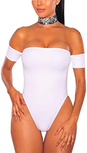 Women Sexy Off Shoulder Backless Bandage Bodysuit Leotard Jumpsuit (Medium, White)