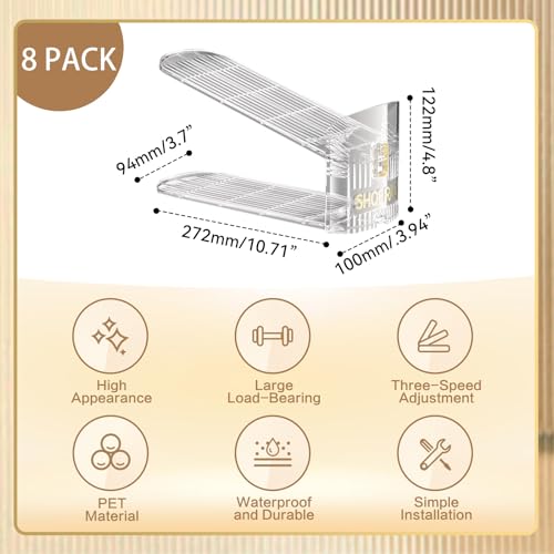 SUSOO 8 Pcs Double Shoe Slot Organizer, Adjustable Highth Shoe Stacker for Pair of Shoes, 50% Space-Saving Double Deck Shoe Rack Holder, Thickening Stability Clear Shoe Organizer for Closet Storage