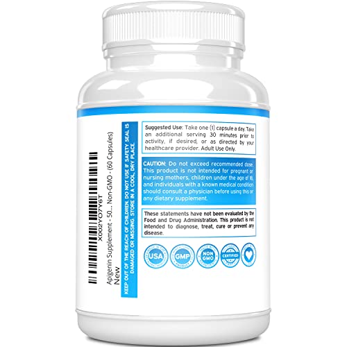 Apigenin Supplement - 50mg Per Capsule (Powerful Bioflavonoid Found in Chamomile Tea Made) - 3rd Party Tested - Made in The USA - Zero Fillers - Gluten Free & Non-GMO - Vegan - (60 Capsules)