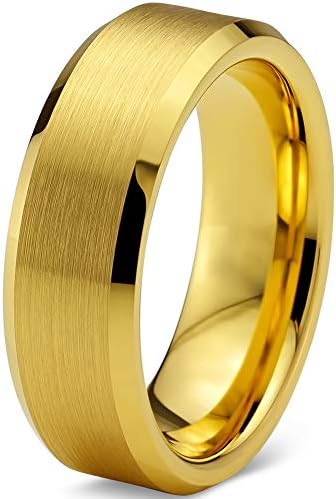 Charming Jewelers Tungsten Wedding Band Ring 6mm Men Women Comfort Fit Grey Black 18K Yellow Gold Plated Bevel Edge Brushed Polished