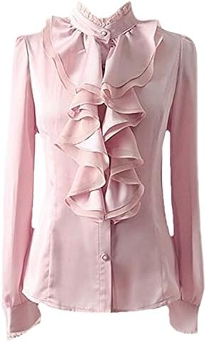 Tirahse Fashionable Women Fashion Elegant Long Sleeve Scollop OL Chiffon Blouses PinkX-Small