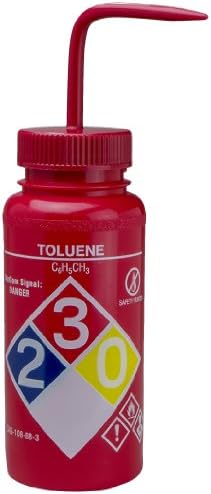 Bel-Art GHS Labeled Toluene Wash Bottles; 500ml (16oz), Polyethylene w/Red Polypropylene Cap (Pack of 4) (F12416-0016)