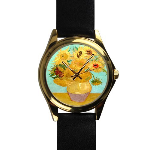 Special Design Eleven Sunflowers by Vincent Van Gogh, Landscape Painting Unisex Gold-tone Round Metal Watch, Metal watch with black leather watchband