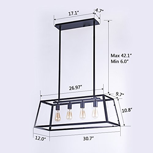 Morley Glass Linear Chandelier, 4-Light Industrial Island Pendant Lighting with Matte Black Frame for Dining Room, Kitchen by Lanros - Thumbnail 2