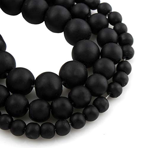 Frosted Glass Beads Set of 3 Strands Round Bead Set 8 mm 6 mm 4 mm Frosted Matt Iced Glass Beads for Threading (Black)