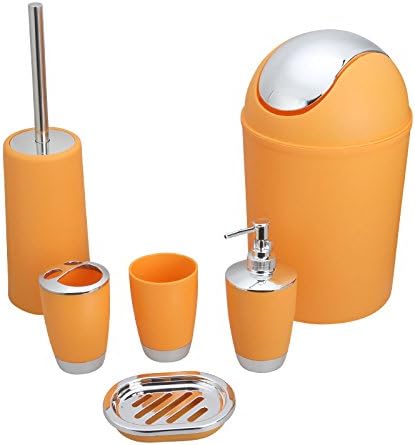 Bluelasers 6 Piece Plastic Bathroom Accessory Set Luxury Bath Accessories Bath Set,Lotion Dispenser Toothbrush Holder Tumbler Cup Soap Dish Trash Can Toilet Brush Set(Orange)