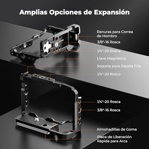 K&F CONCEPT ZV-E10Ⅱ Cage，Kit de Jaula para Sony Alpha ZV-E10 II con Liberación Rápida HawkLock，Placa de Liberación Rápida Incorporada para Arca, Zapata Fría y Orificios Roscas de 3/8'' y 1/4''