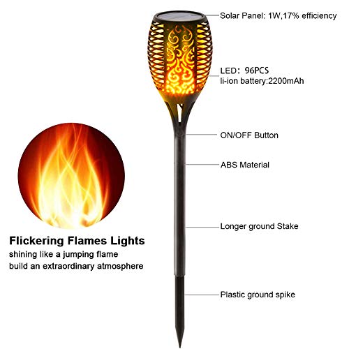 BAXIA TECHNOLOGY Solar Lights Outdoor, Waterproof Dancing Flickering Flame Torch Lights, 96 LED Solar Powered Flame Lights Dusk to Dawn Auto On/Off Security Torch Light for Patio, Pathway (2 Pack)