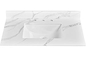 EQLOO 36 in. W x 22 in D Quartz Vanity Top in Calacatta Rocky, Vanity Sink Top with Assembled Single Drop-in Sink, Pre-Drilled Widespread Faucet Holes Countertop with 4" H Backsplash
