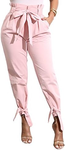 Women's Casual Loose Paper Bag Waist Long Pants Trousers with Bow Tie Belt Pockets