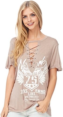 Julia Front Lace Up V Neck Printed Short Sleeve Graphic T Shirt Top Tunics Junior Sizes X-Large Brown Mocha TA20000