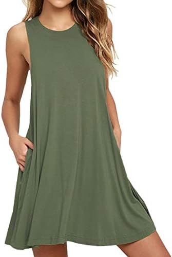 CLANDY Women's Cotton Casual Swing Sleeveless Pockets Tank T-Shirt Dress S-XXL