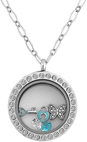 LuckyJewelry Lock and Key Butterfly Crystal Round Living Floating Charm Memory Locket Pendant Necklace
