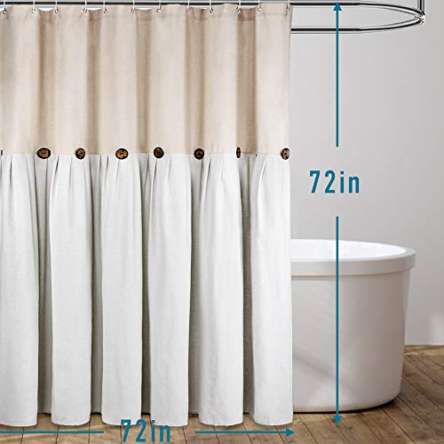 Reisen Linen Farmhouse Shower Curtain Button Beige and White Shower Curtains for Bathroom, 72\