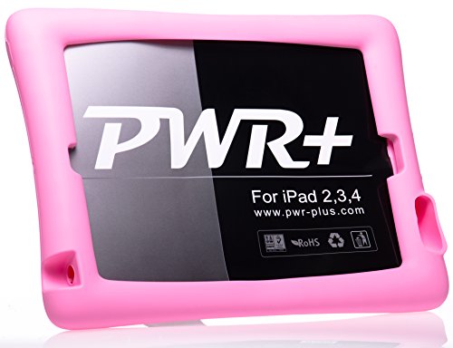 Pwr+ Apple iPad 2, 3, 4 Tablet Silicone Case Shockproof Lightweight Rugged Corner Bumper Protective Cover With Kickstand and Audio Amplifier Design (Pink)