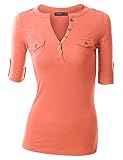 Doublju Womens 3/4 Rolled-Up Sleeve Deep V-Neck Henley Top