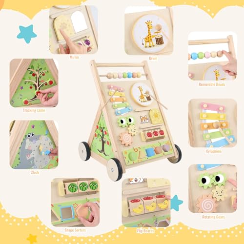 Multifunctional Wooden Baby Walker with Wheels, Montessori Early Educational Activity Center, Sit to Stand Learning Walker Toy with Shape Sorter Xylophone for Toddlers
