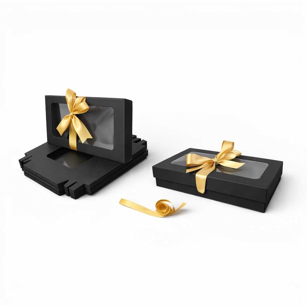 Emartbuy Gift Box with Clear Window – Black Box + Gold Satin Ribbon – Pack of 12 – Size 1 (21 x 12.5 x 2.5 cm) – Ideal for Hampers, Bakery, Events & Small Business