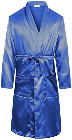 Happy Ever Men Satin Robe Long Classic Bathrobe Lightweight Sleepwear SY11 (XXL, Blue)