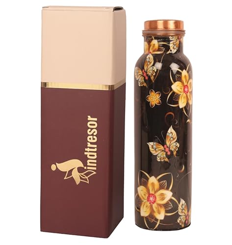 INDTRESOR Pure Copper Water Bottle - Handcrafted - Ayurveda health benefits - Large 35 oz - Leak proof - Easy to carry for Sports, Fitness, Yoga, School - Black Base Floral Textured Colorful Enamel โ image 1