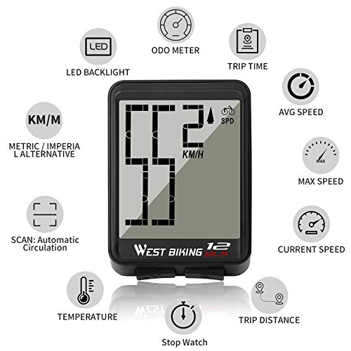 WESTGIRL Bike Computer Wireless, Cycling Speedometer Odometer Large Digits Automatic Speed Display Change, Waterproof EL Backlight Bicycle Computers