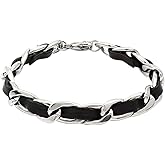 Sugar and Cloves 18K White Gold Plated over Stainless Steel Chain Bracelet with Black Leather Weave, Fashion Statement Piece for Women, Tarnish Proof, 6 inch length with Extension