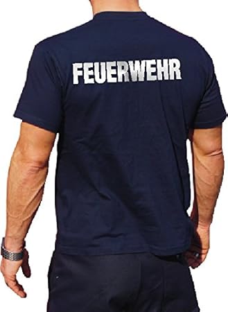 feuer1 T-Shirt FEUERWEHR mit langem F - silber reflektierend - beidseitiger Schriftzug