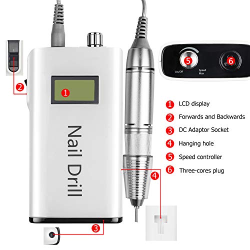 Nail Drill Machine 30000RPM - Ejiubas Nail Drill for Acrylic Gel Nails Portable Electric EFile Nail File Manicure Pedicure Tool Polishing Cuticle Remover Salong Home Use - Thumbnail 2