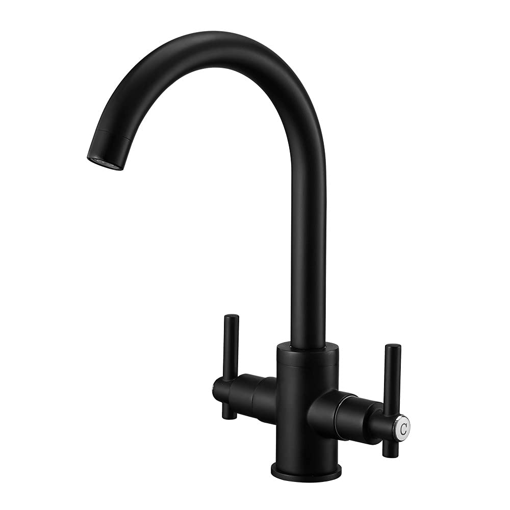 Heable Kitchen Mixer Tap Dual Lever Monobloc Swivel Spout Matte Black Sink Taps Brass with UK Standard Fittings