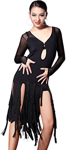 DanceQueen Latin Dance Dress For Women Girls Sexy Fringe Tassel Black Tutorial Lesson Costumes With Shorts Size L
