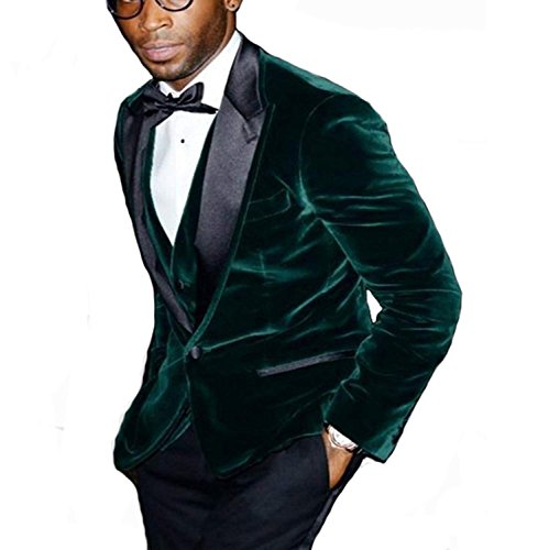 JYDress Men's Dark Green Velvet 3 Pieces Peaked Lapel Suit for Groomsman Dinner