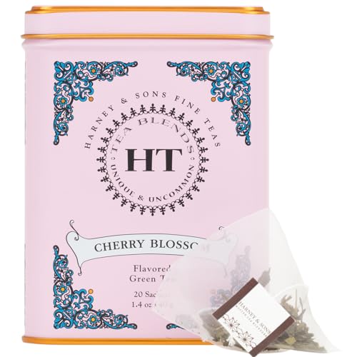 HARNEY & SONS CAFFEINATED BLOSSOM GREEN TEA TIN SACHETS PINK 31629, CHERRY, 20 COUNT (PACK OF 1)