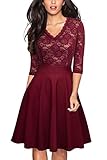 HOMEYEE Women's Chic V-Neck Lace Patchwork Flare Party Dress A062 (12, Wine)