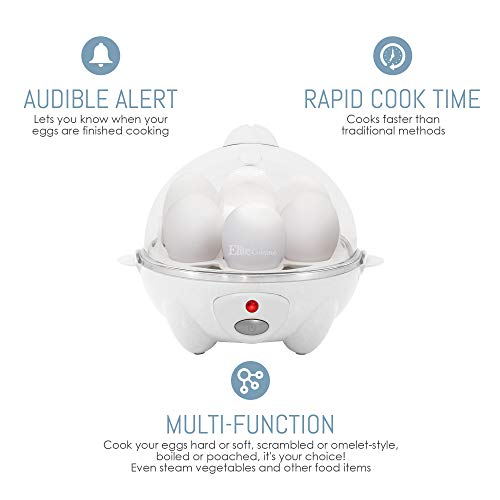 Elite Cuisine EGC-611 Easy Electric Poacher, Omelet & Soft, Medium, Hard-Boiled Deviled Egg Cooker with Auto-Shut off and Beep Alert, 7 Capacity, White