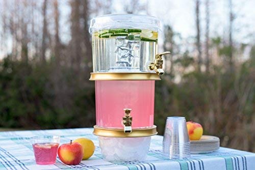 Adorn Home - Crystal Clear 2-Tier Ice Beverage Dispenser | Outdoor/Indoor Drink Beverage Dispenser | 2-Tier, 3 Ice Chambers & 2 Gold plated Faucets | Decorative,Stylish Lid Cover and Cup Tray