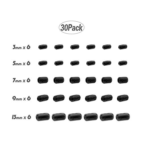 30PCS Snap on Ferrite Core Bead Choke Ring Cord RFI EMI Noise Suppressor Filter for USB/Audio / Video Cable Power Cord, 3.5mm/ 5mm/ 7mm/ 9mm/ 13mm Diameter Cable