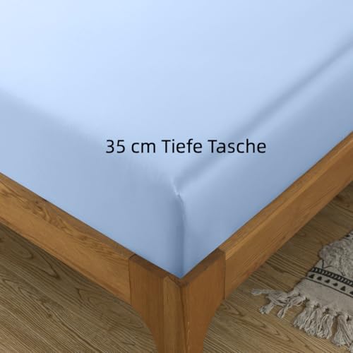 bienDo Fitted Sheet, 160 x 200 cm Bed, Vegan Bamboo Silk, 400 Thread Count, Pocket 35 cm, Cooling Sheet, Breathable and Soft – Blue