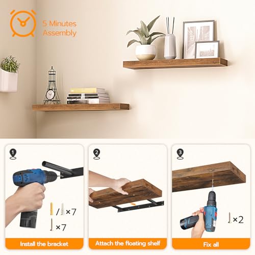 HOOBRO Floating Shelves for Wall, Wooden Floating Shelves Set of 2, Wall Mounted Shelf for Living Room, Bathroom, Bedroom, Floating Shelf with Invisible Bracket, Rustic Brown EBF60BJ01