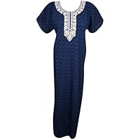 Mogul Interior Women's Maxi Dress Caftan Blue Embroidered Boho Kaftan Nightgown L