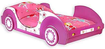 Deuba Cama Coche Rosa Butterfly Flores Cama, niña con somier Listones 90 x 200 cm