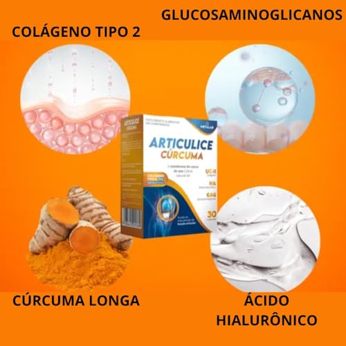Articulice Curcuma, Colágeno Tipo II 40mg, Suplemento com Ácido Hialurônico e GAG, 30 Comprimidos