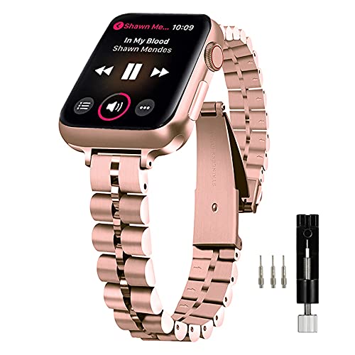 MaKTech Stainless Steel Wristband,Women Slim Three-Pieces Links 14mm Half Round Metal Bracelet Compatible with Apple Watch Series 10/9/Ultra 2/SE/8/7[2024] (42mm/41mm/40mm,Rose Gold)