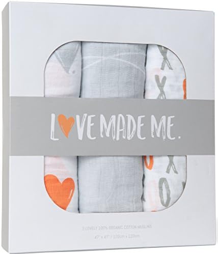 Organic Cotton Muslin Swaddle Baby Blanket Large 47"x 47" Premium (3-Pack) Boy or Girl by LOVE MADE ME