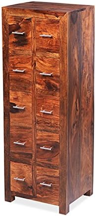 CUBA SHEESHAM Cuba Solid Sheesham Chunky Wood 10 Drawer CD Almirah Storage Unit, Honey Brown, H 129 x W 46 x D 40 cm