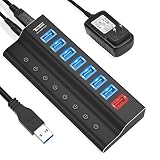 USB 3.0 Hub, Tendak 8 Ports Powered USB Hub Splitter (7 High Speed Data Transfer Ports + 1 Charging Ports) with Individual On/Off Switches and 5V/4A Power Adapter for PC Laptop HDD Disk Mac Pro/Mini